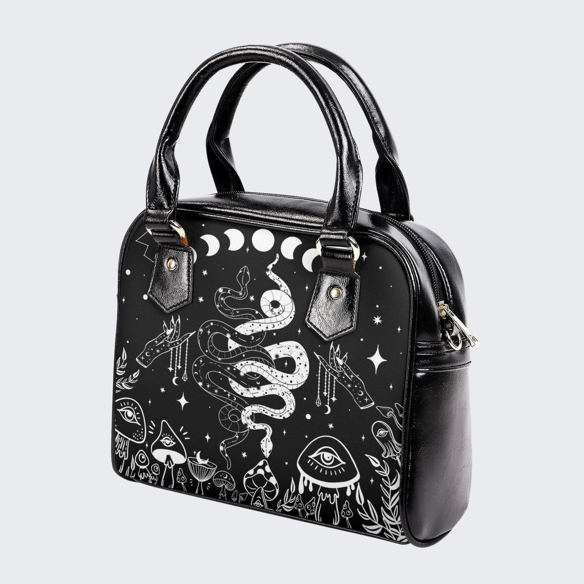 Classic Black And White Snake Print - Leather Shoulder Handbag