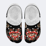 Old School Flowers Kiss Tattoo Print - Fur Lined Slippers/Sandals