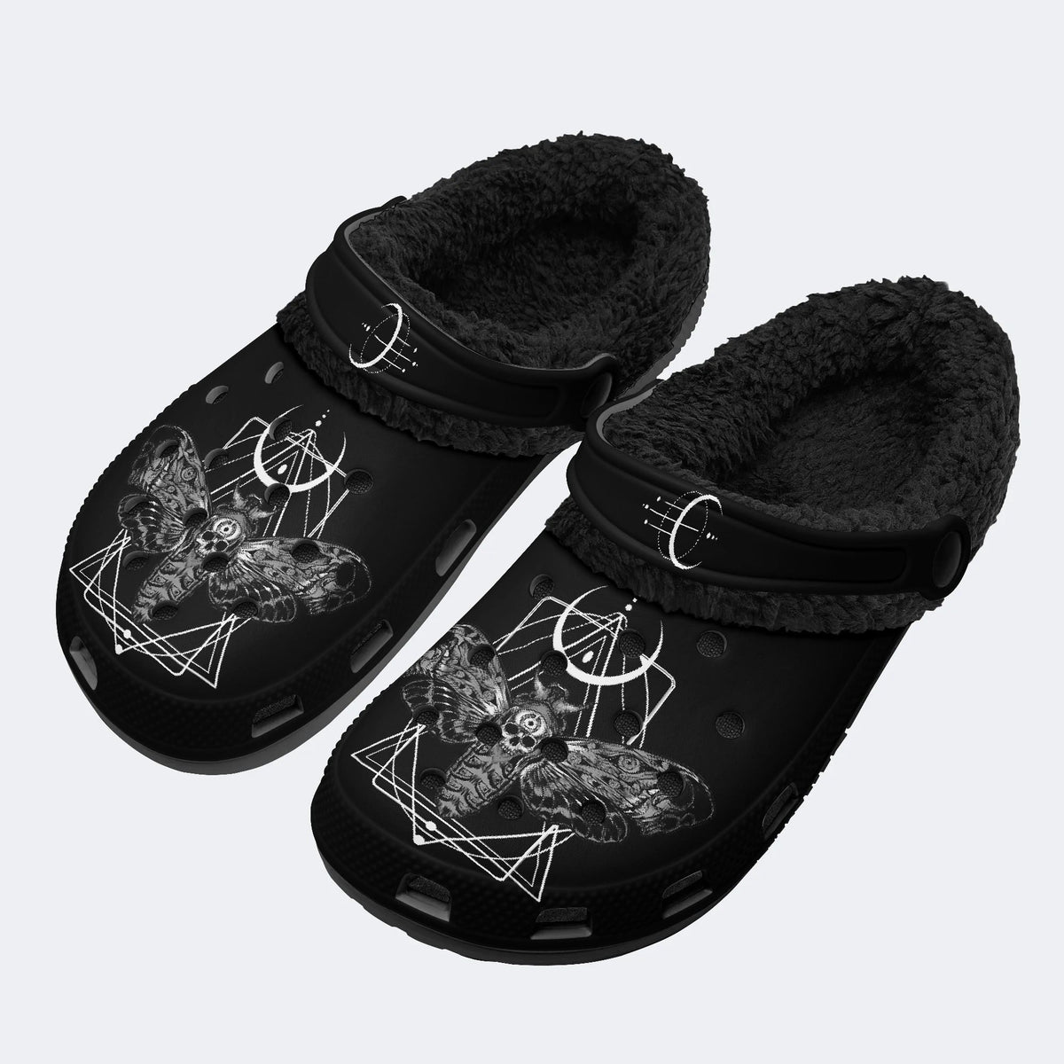 Gothic Death Moth Occult Crescent Moon - Fur Lined Slippers/Sandals