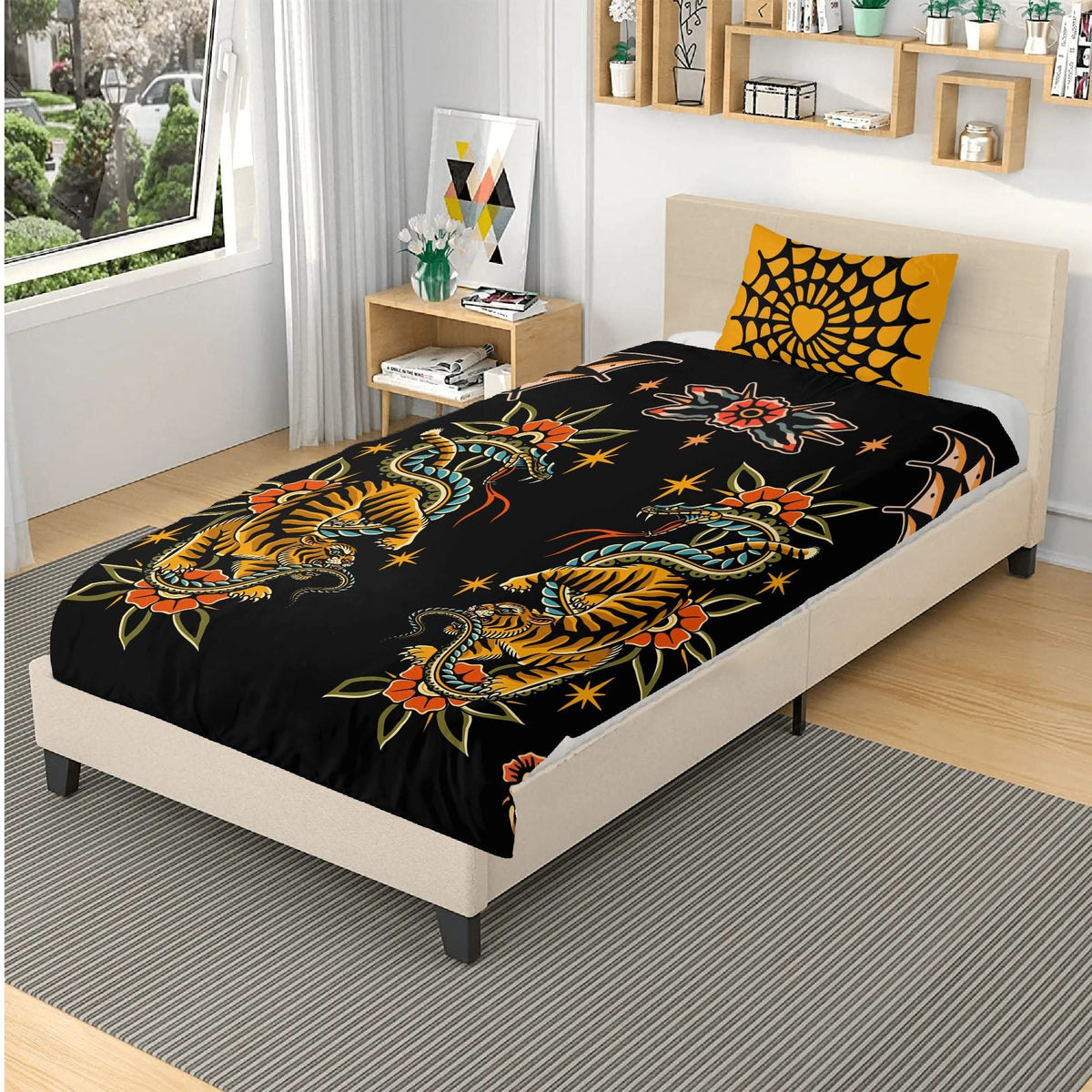 Dark Dragon And Snake Print - Three Piece Bedding Set