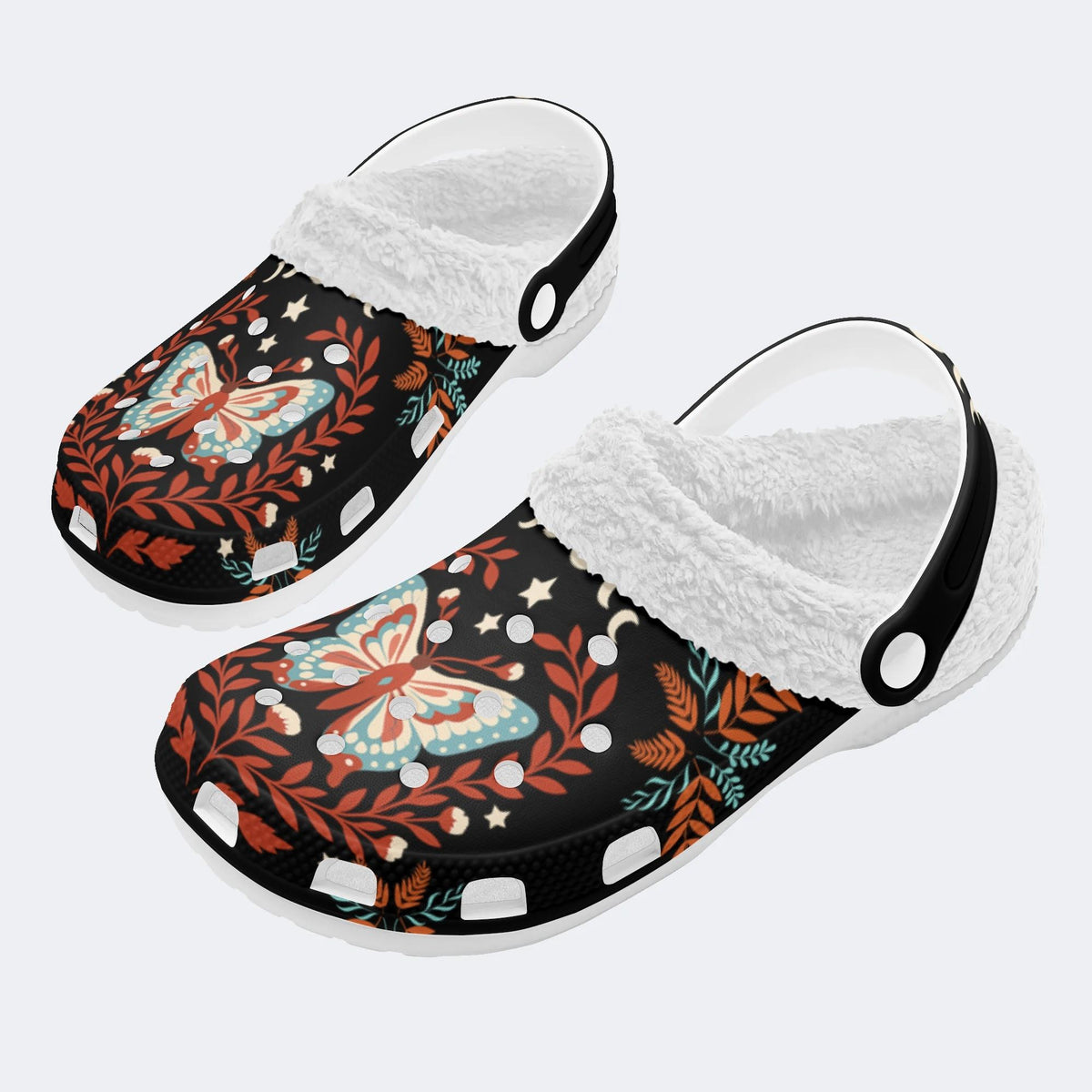 Moth And Leaf Print - Fur Lined Slippers/Sandals