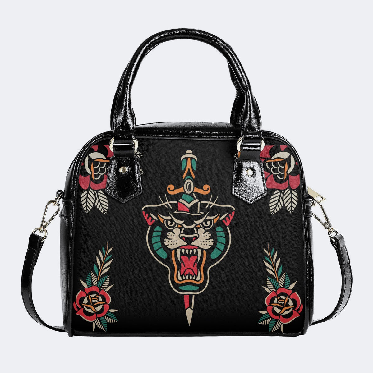 Retro Tiger Print - Leather Shoulder Handbag