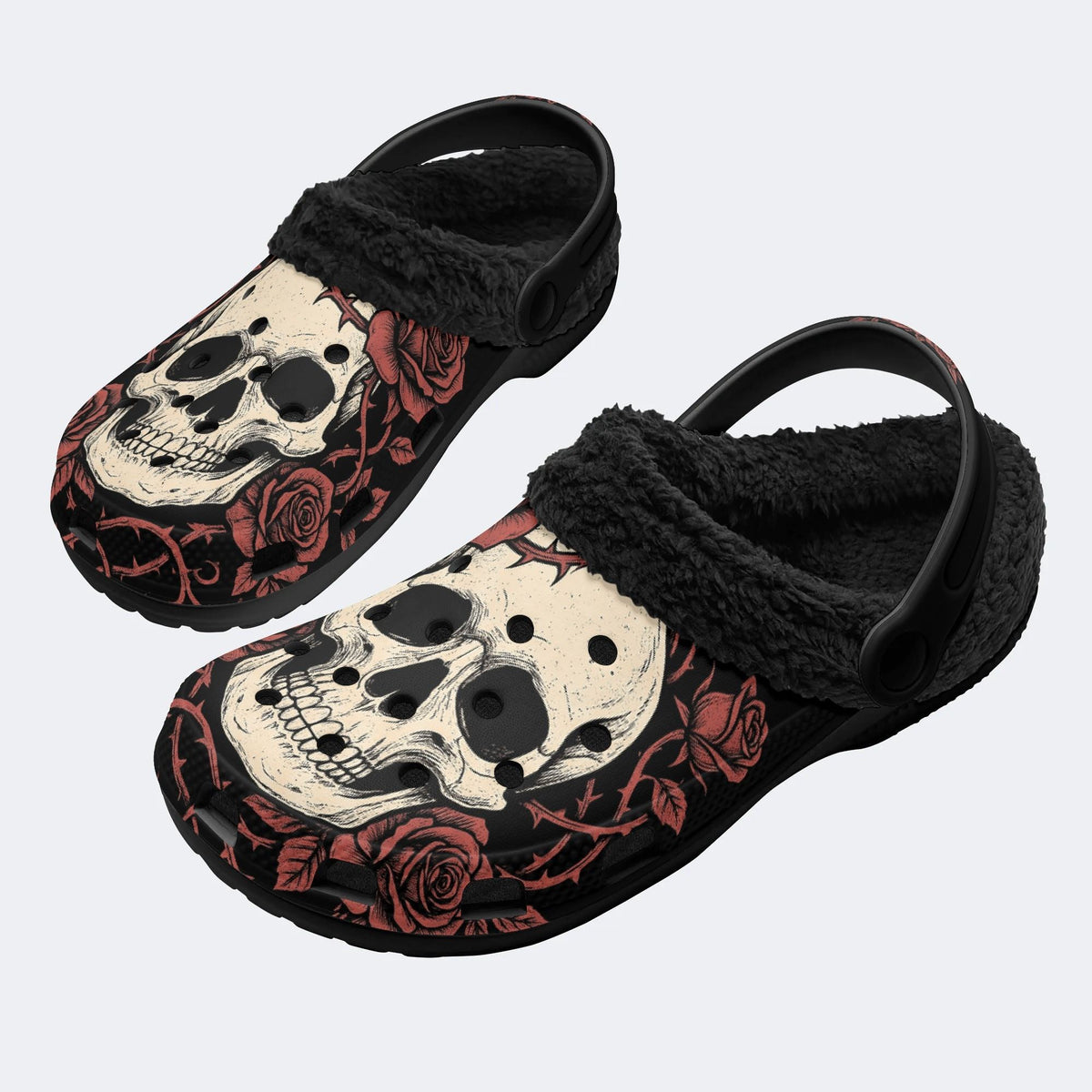 Gothic Skull Red Rose - Fur Lined Slippers/Sandals