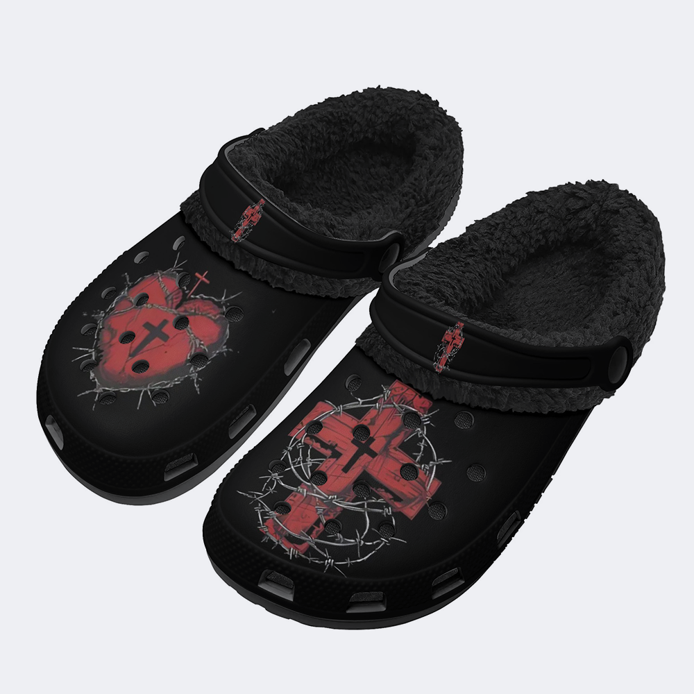 Cross&Heart Print - Fur Lined Slippers/Sandals