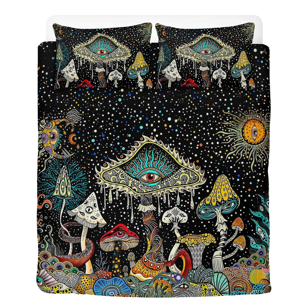 Retro Dark Mushroom Eyes Halloween Print - Three Piece Bedding Set