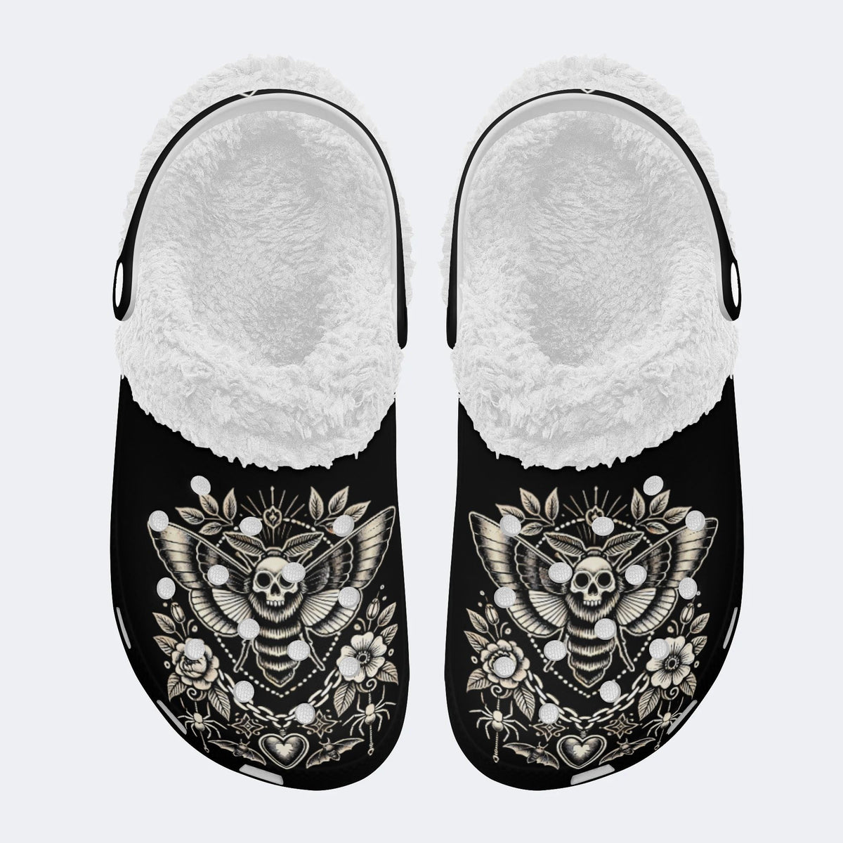 Vintage Heart Death Moth Print - Removable Fur Lined Slippers/Sandals