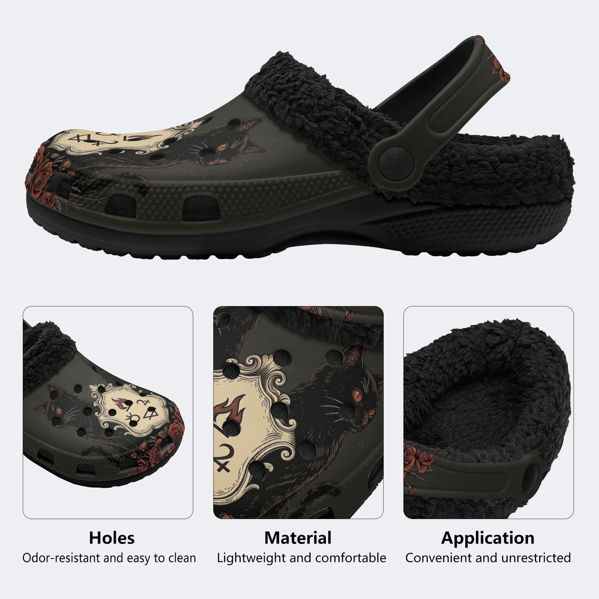 Vampire Black Cat Print - Fur Lined Slippers/Sandals