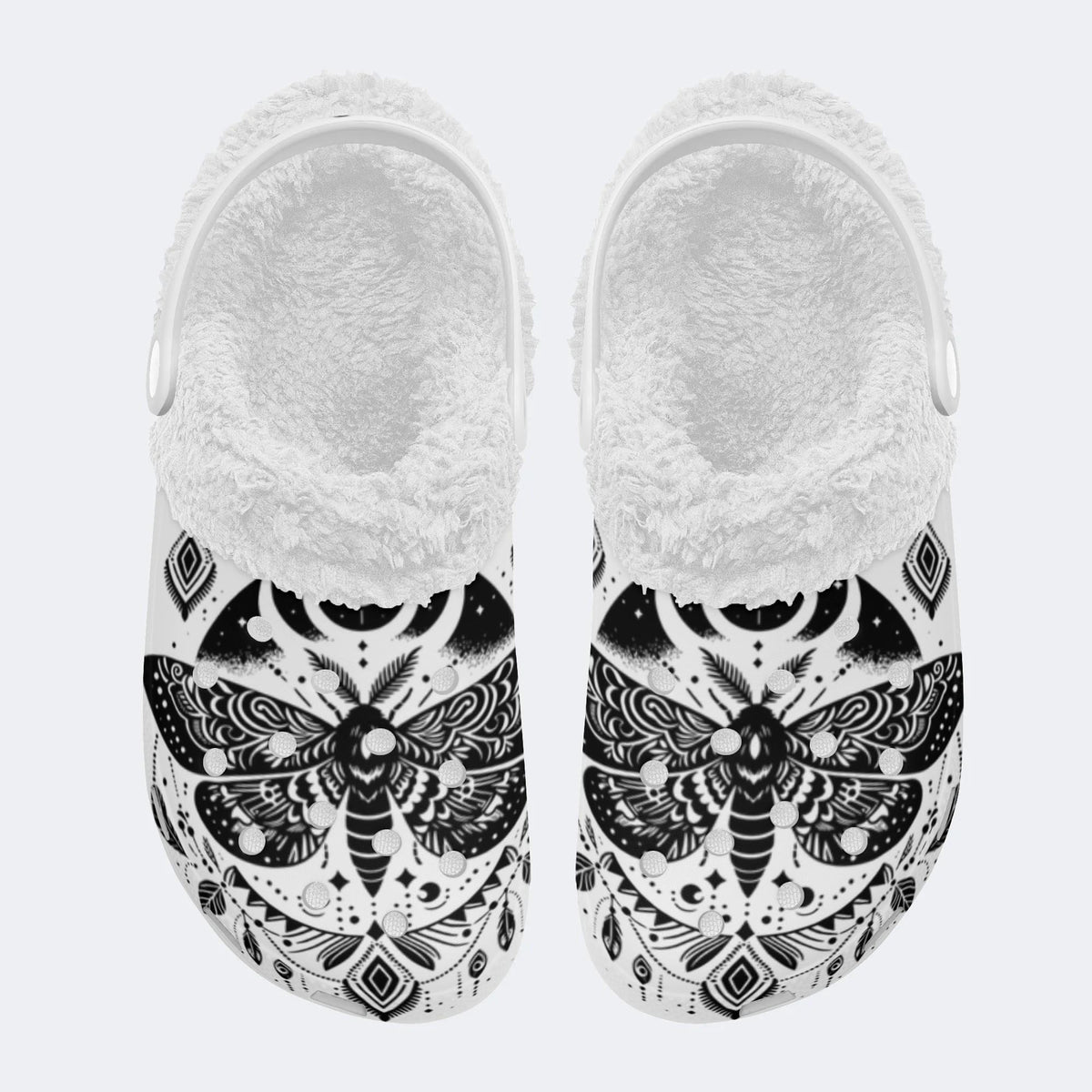 Vintage Eclipse Moth Print - Fur Lined Slippers/Sandals