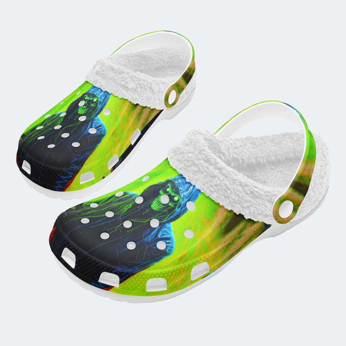 Unisex Retro Skull Graphic Print - Fur Lined Slippers