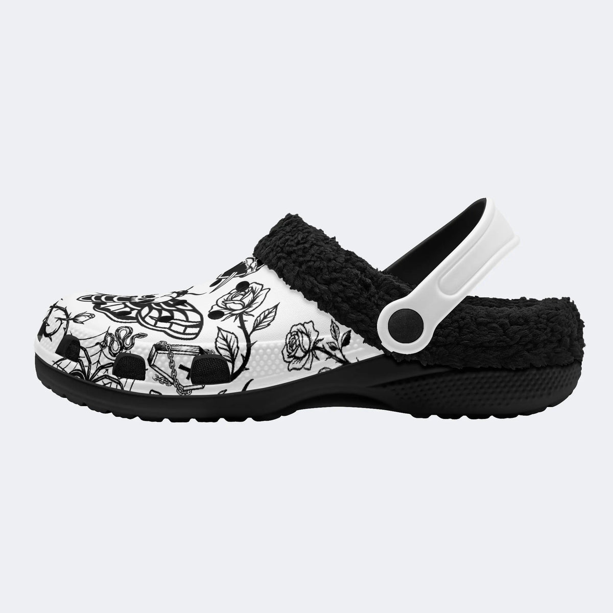 Gothic Death Moth Skull Rose Cross - Fur Lined Slippers/Sandals