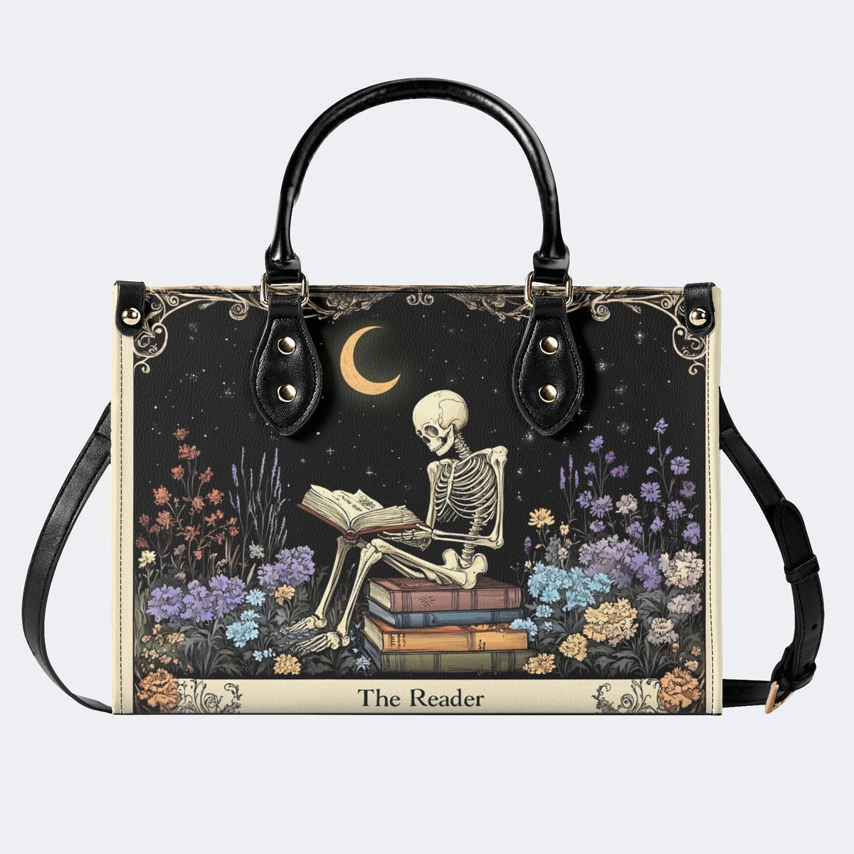 Skeleton Reading A Book Among Flowers - Leather Handbag