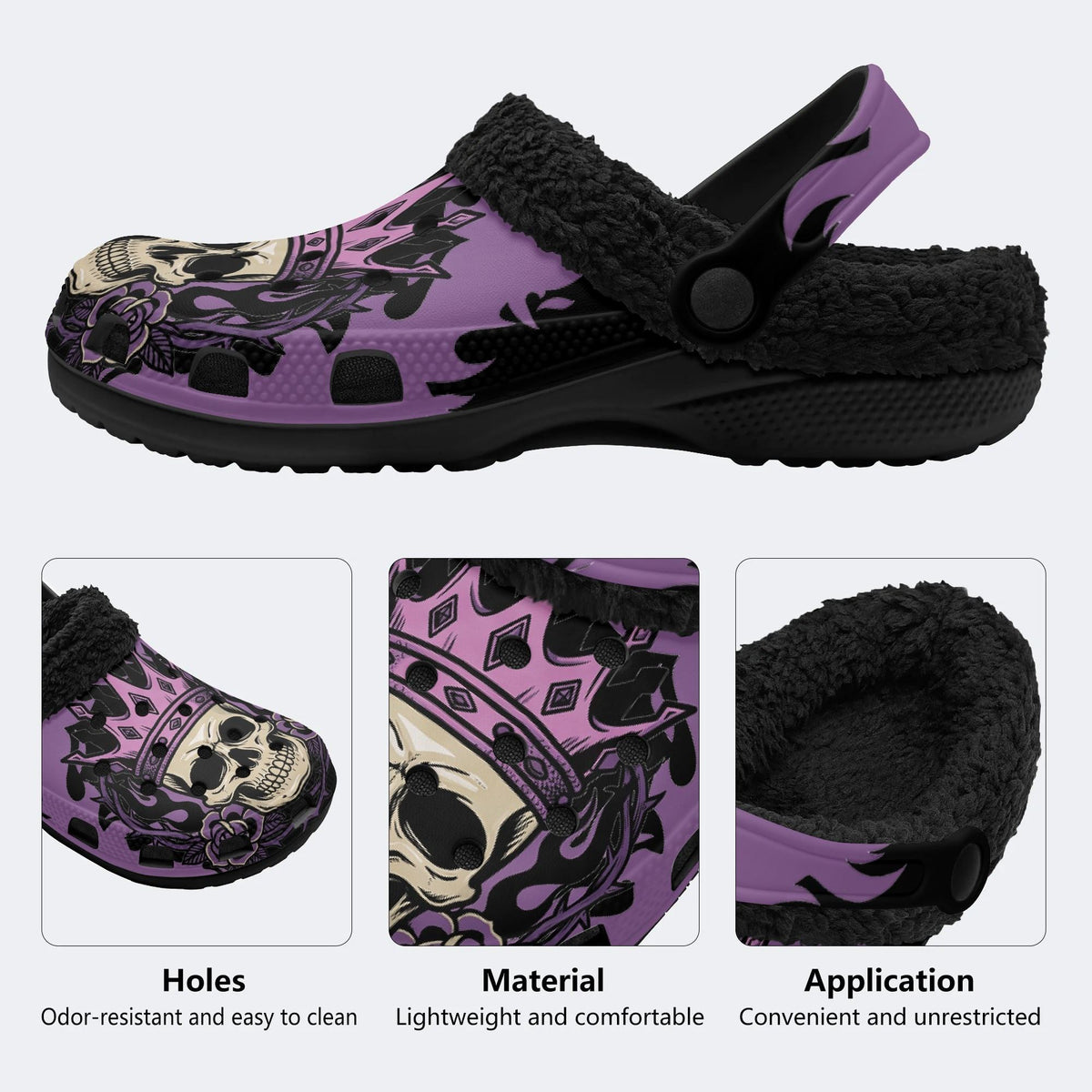 Gothic Crown Skull Purple Rose Flame - Fur Lined Slippers/Sandals