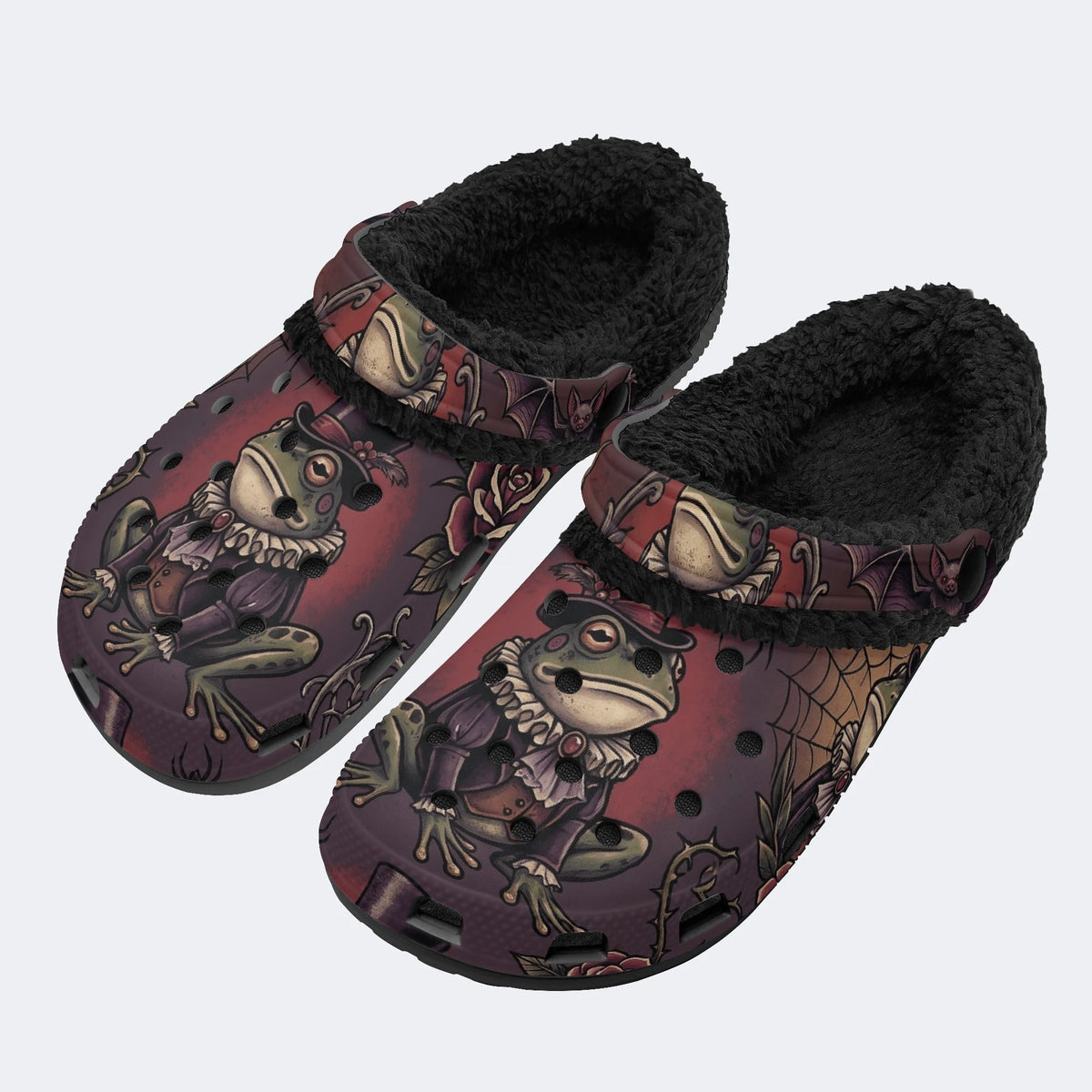 Gothic Gentleman Frog Vintage Rose Bat - Fur Lined Slippers/Sandals