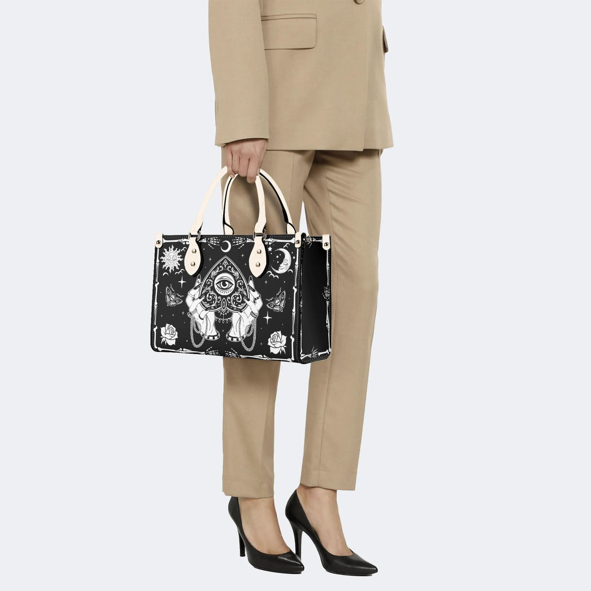 Poker Eyes And Moth Print - Leather Handbag