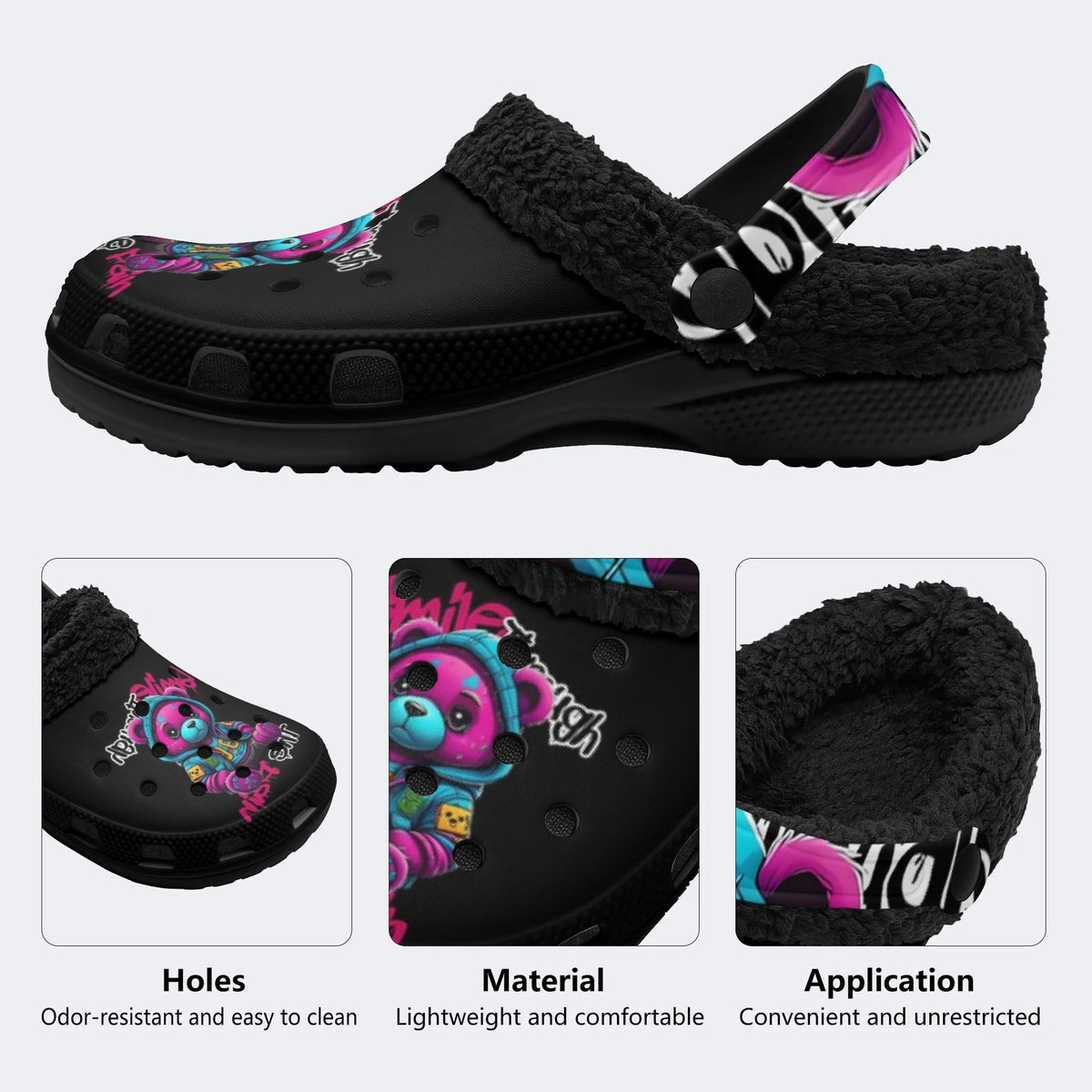 Graffiti Teddy Art - Fur Lined Slippers/Sandals