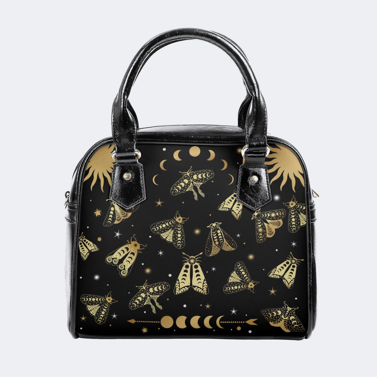 Vintage Dark Moth Print - Leather Shoulder Handbag