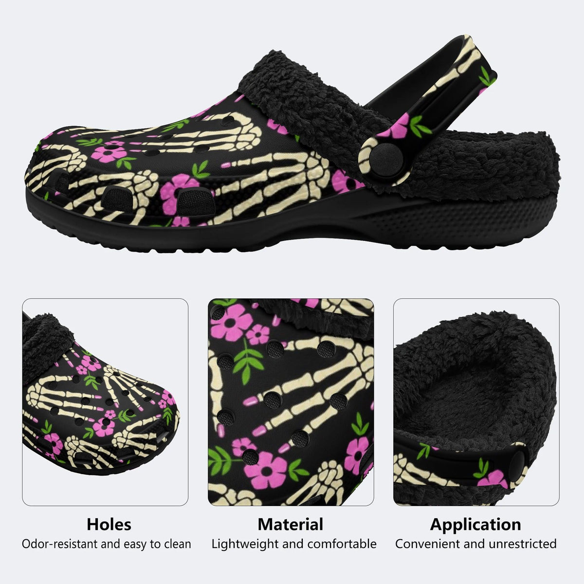 Spooky Skeleton Flower Art - Fur Lined Slippers/Sandals