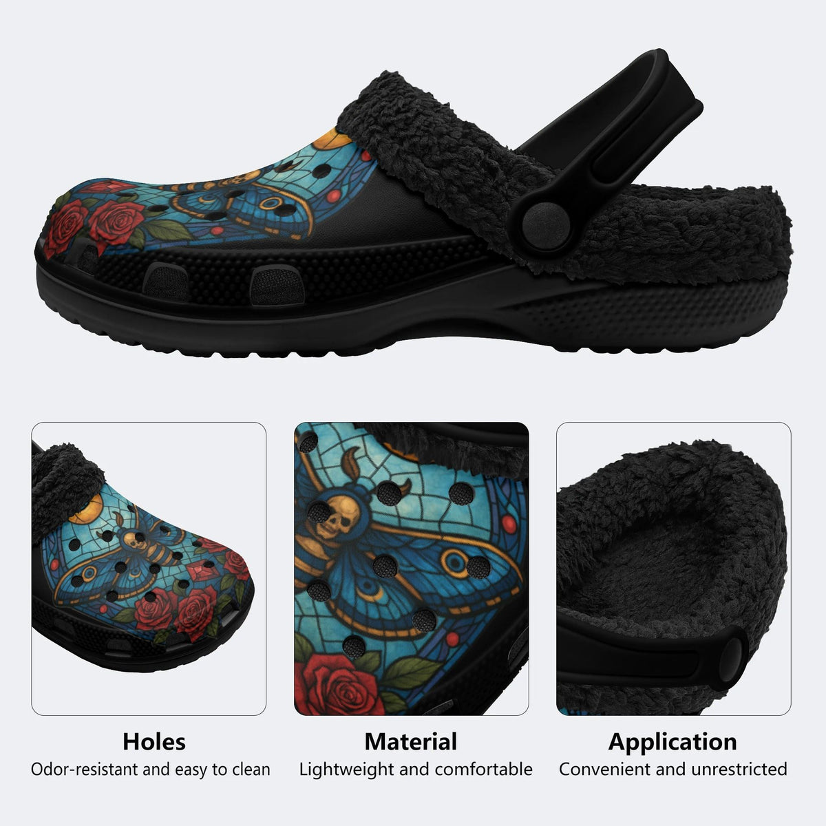 Death Moth Print - Fur Lined Slippers/Sandals