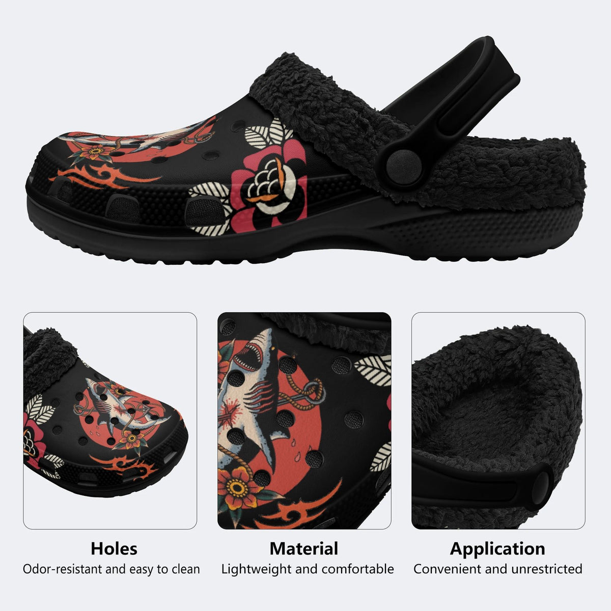 Traditional Shark Vintage Print - Fur Lined Slippers/Sandals