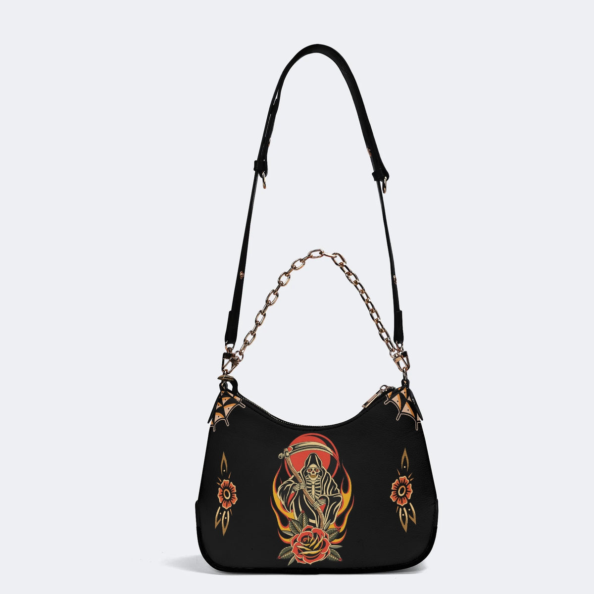 Grim Reaper Flowers Print - Leather Crossbody Bag