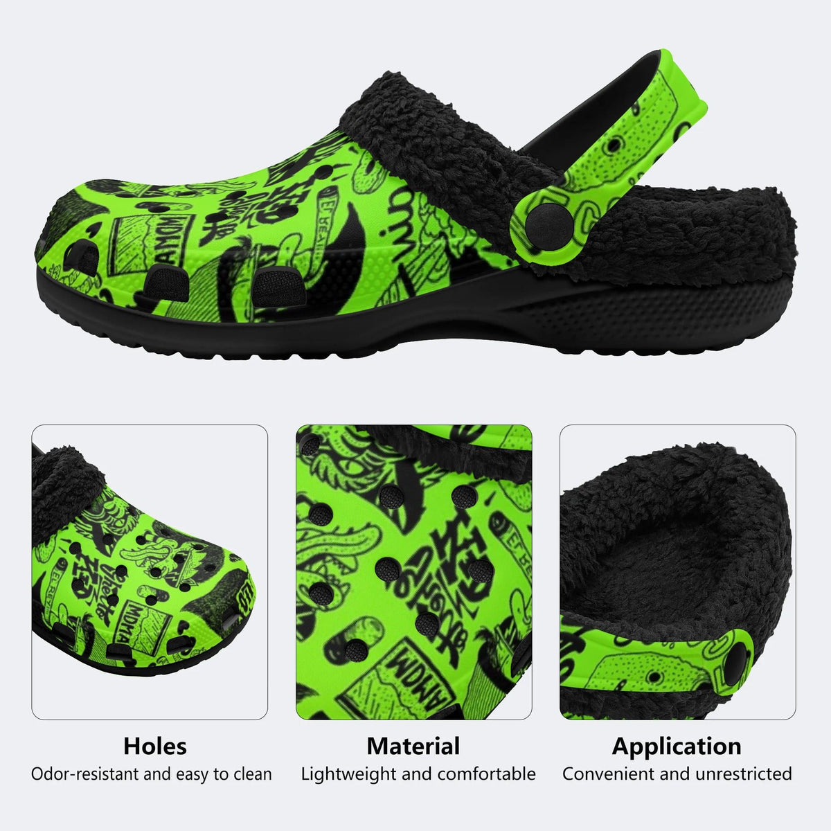 Green Skull Doodle - Fur Lined Slippers/Sandals
