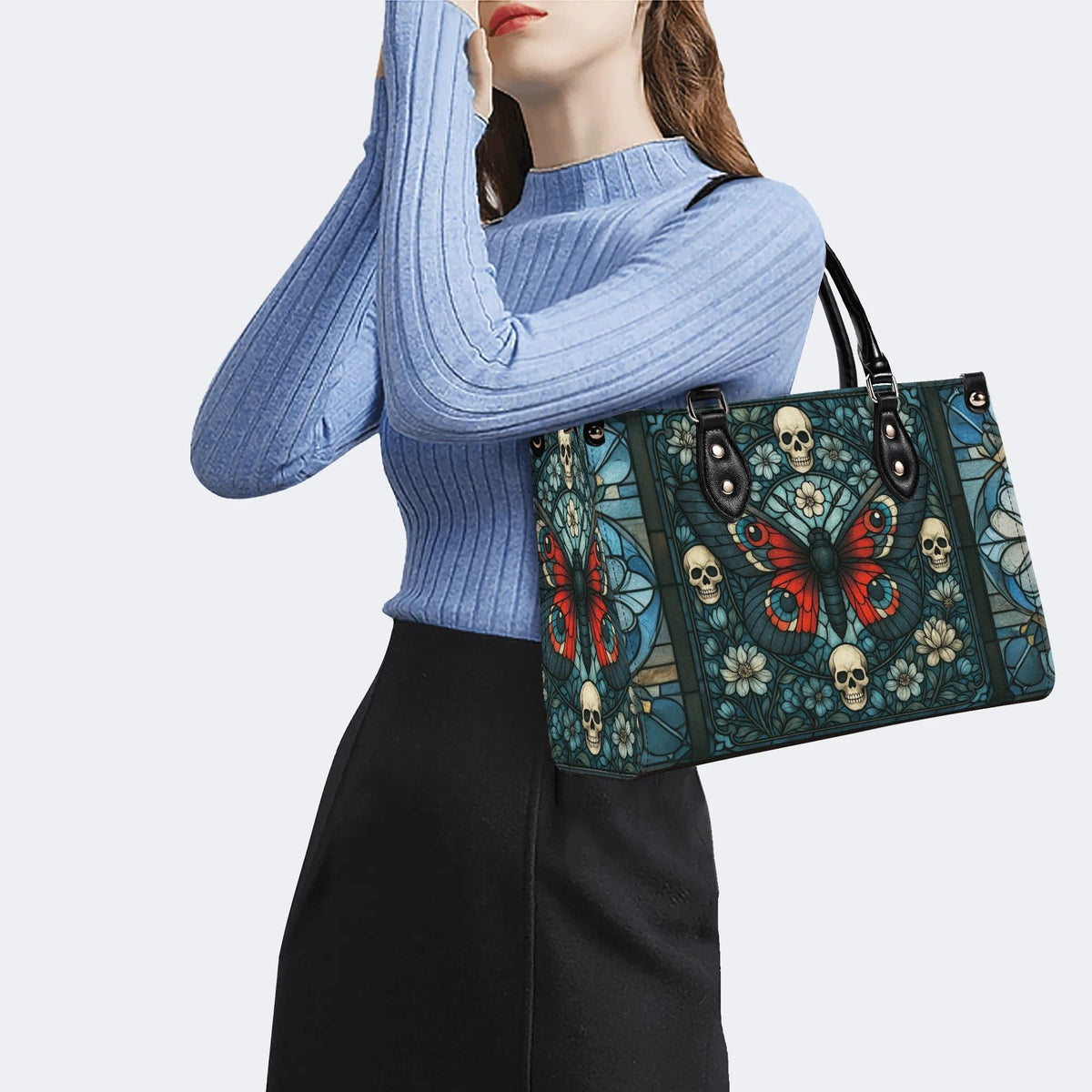 Vintage Moth And Skull Print - Leather Handbag