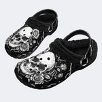 Gothic Monochrome Skull Rose Thorn‑Fur Lined Slippers/Sandals