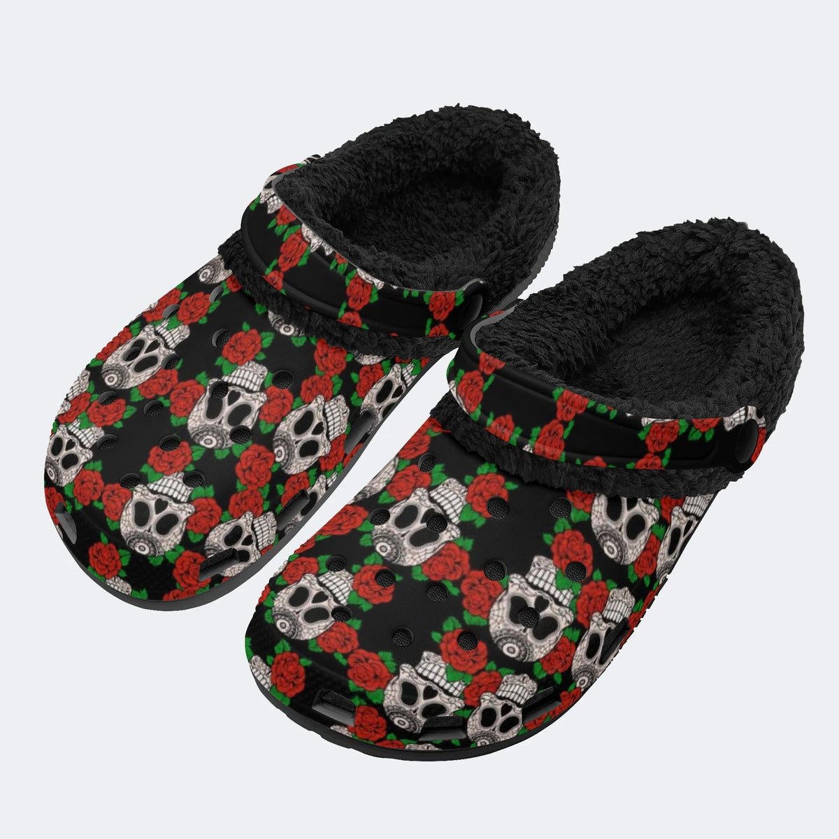 Vintage Skull Red Roses - Fur Lined Slippers/Sandals