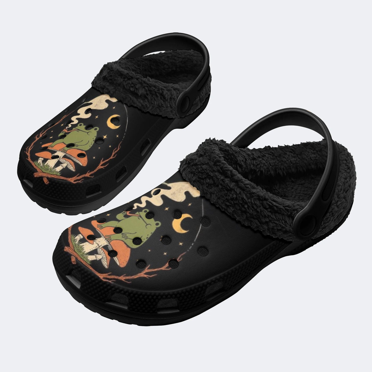 Gothic Witchy Frog Mushroom Crescent Moon - Fur Lined Slippers/Sandals