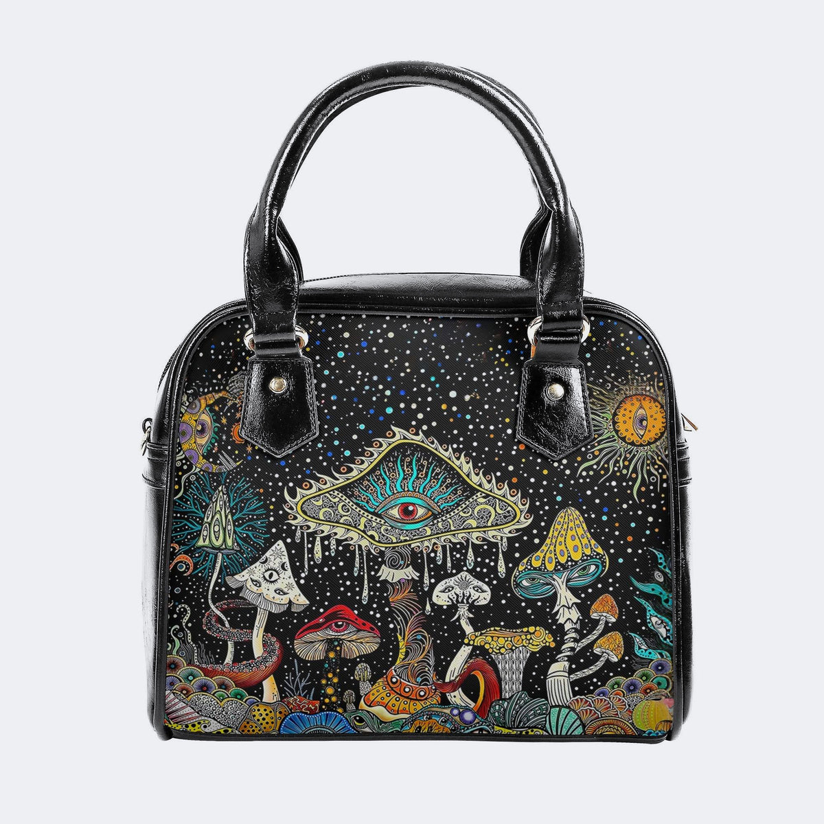 Retro Dark Mushroom Eyes Halloween Print - Leather Shoulder Handbag