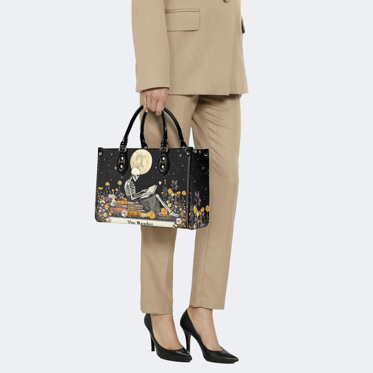 Skeleton Reading A Book Among Flowers - Leather Handbag