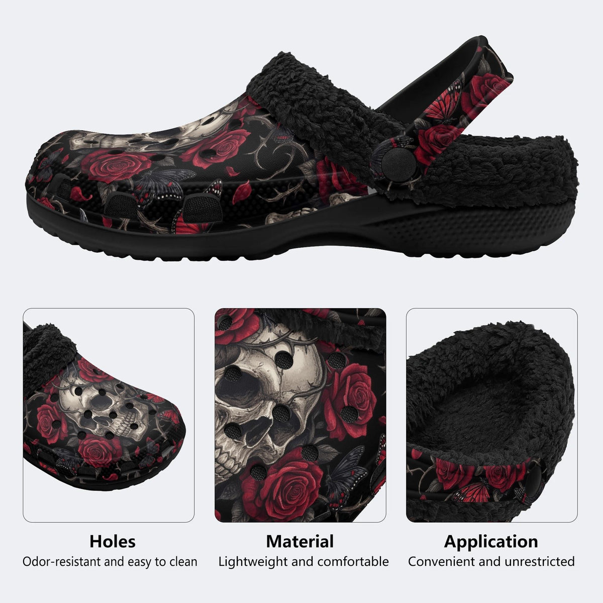Gothic Rose Butterfly Skull‑Fur Lined Slippers Sandals