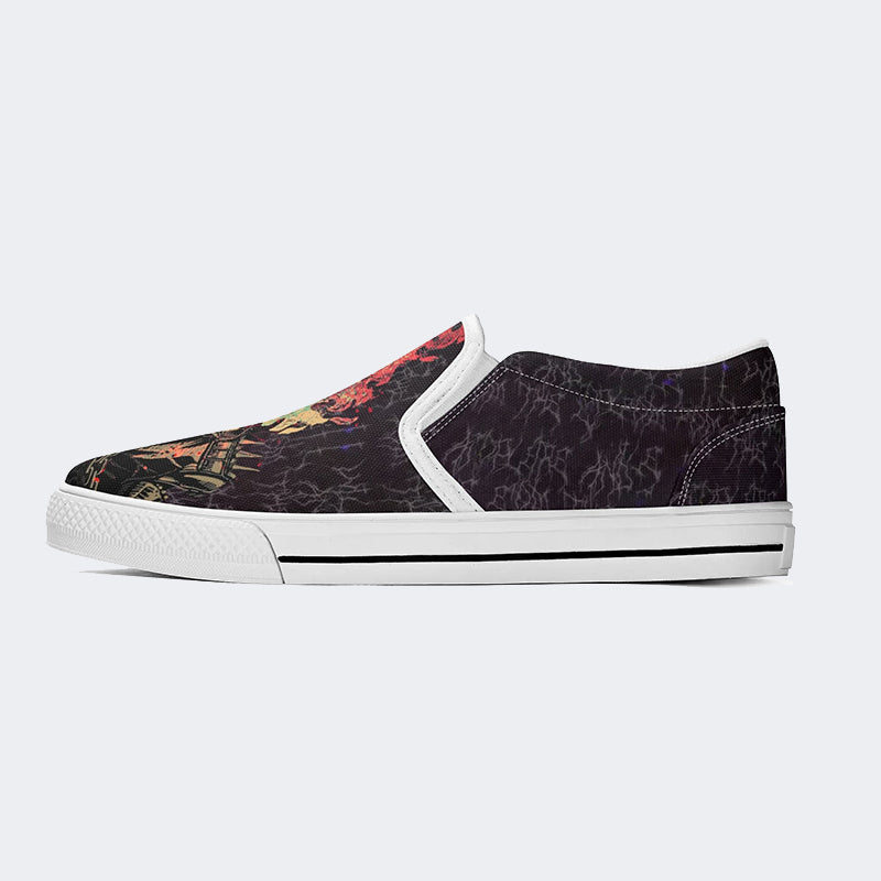 Unisex Punk Fire Skull Print - Slip On Shoes