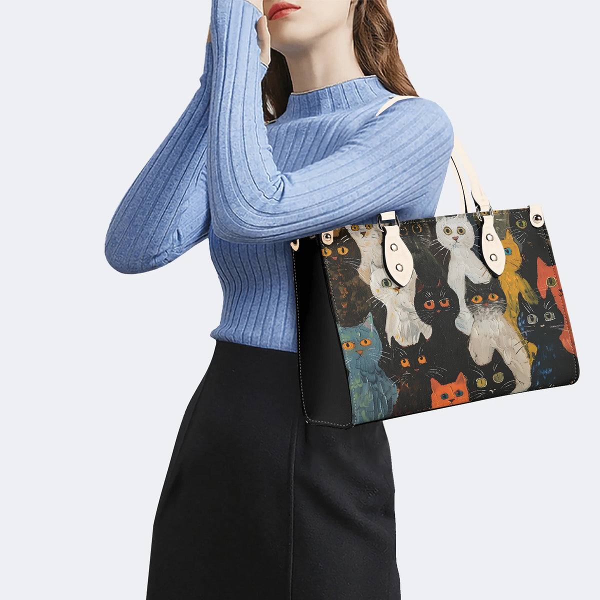 Artistic Graffiti Cats Print - Leather Handbag