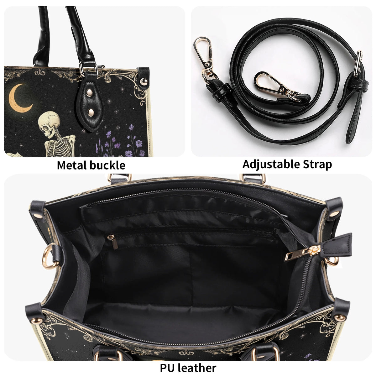 Skeleton Reading A Book Among Flowers - Leather Handbag