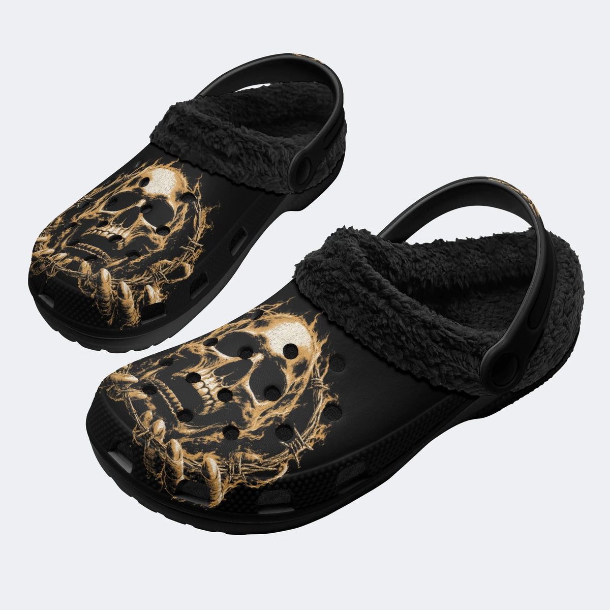 Golden Flame Skull‑Fur Lined Slippers Sandals