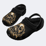 Golden Flame Skull‑Fur Lined Slippers Sandals