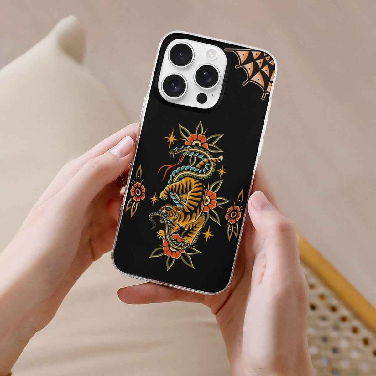Vintage Snake And Tiger Print - Phone Case