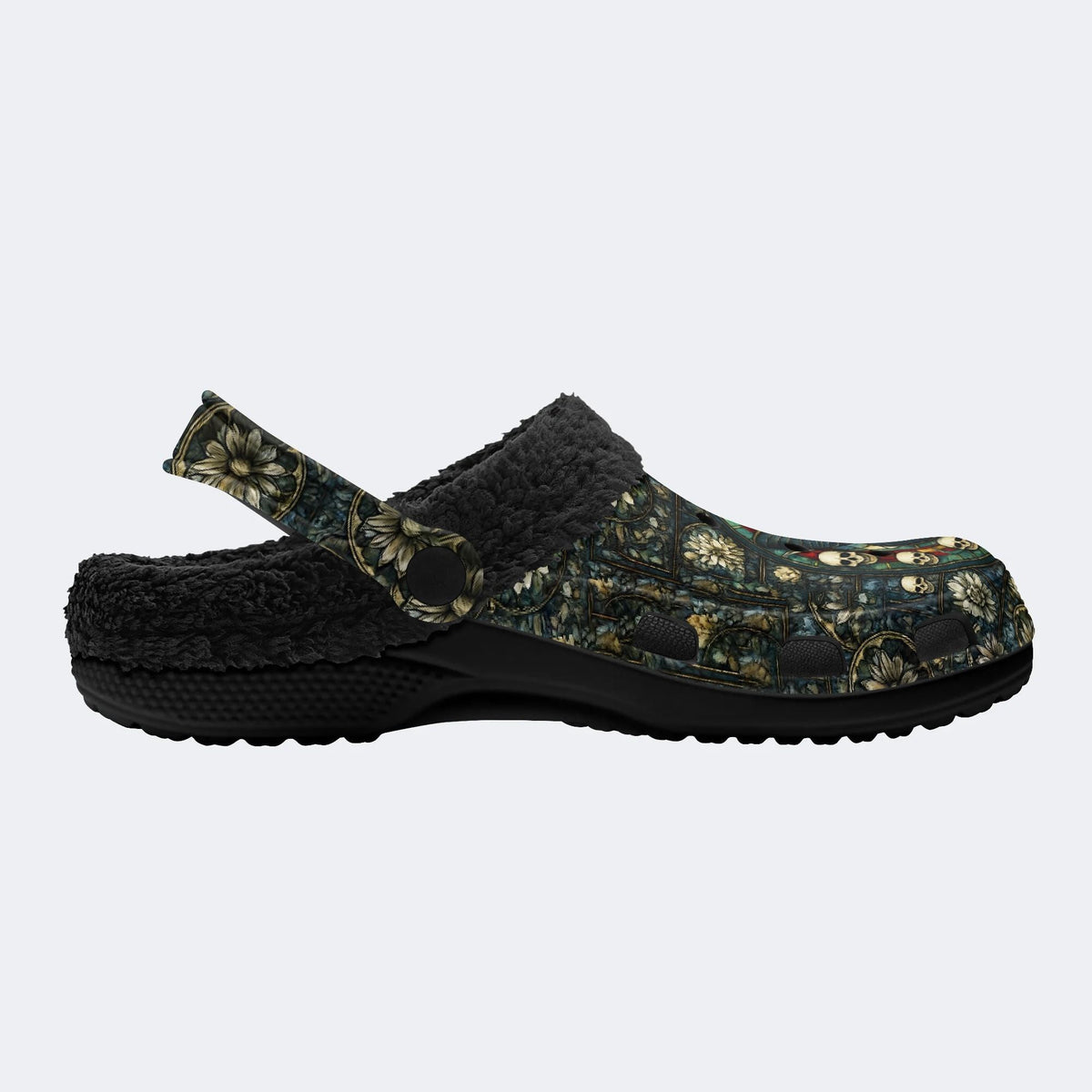Skull And Moth Print - Fur Lined Slippers/Sandals
