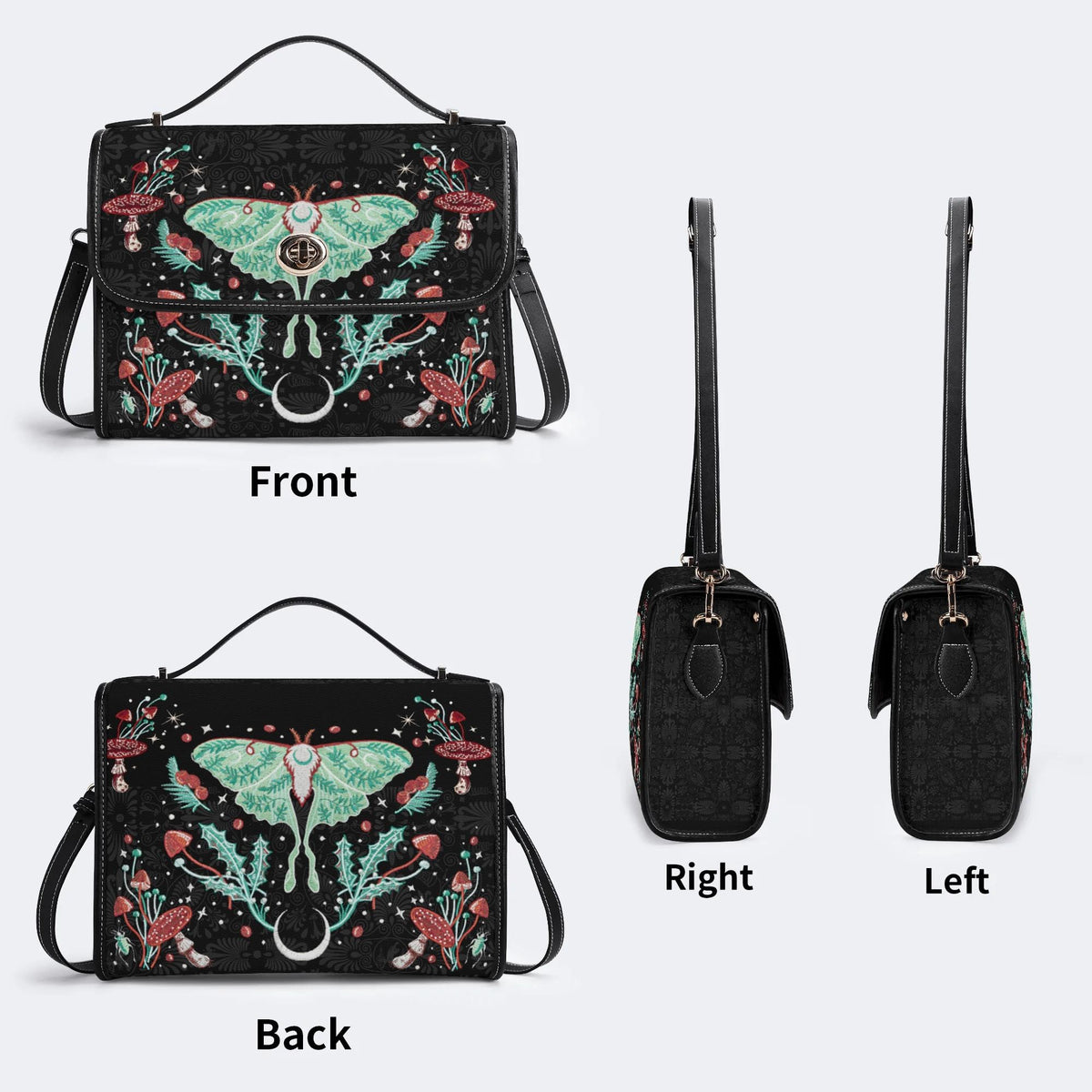 Green Moth In Mushroom Bush - Leather Satchel Bag
