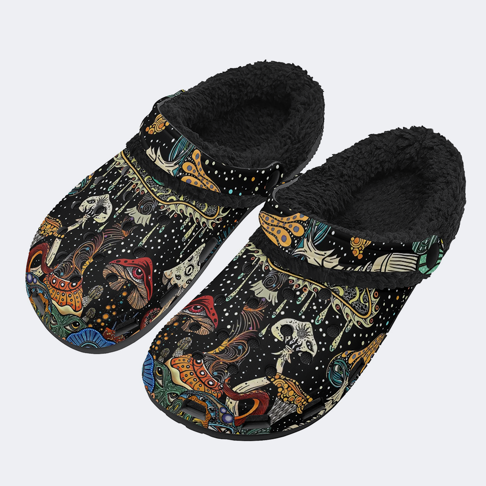 Retro Dark Mushroom Eyes Halloween Print - Fur Lined Slippers/Sandals