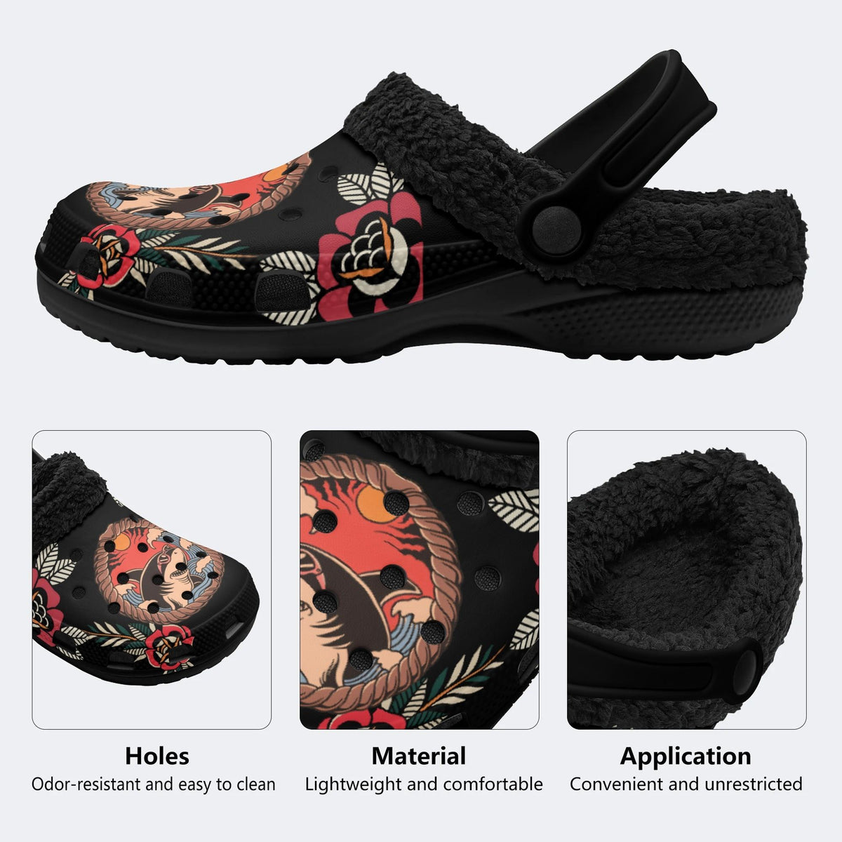 Old School Shark Tattoo Print - Fur Lined Slippers/Sandals