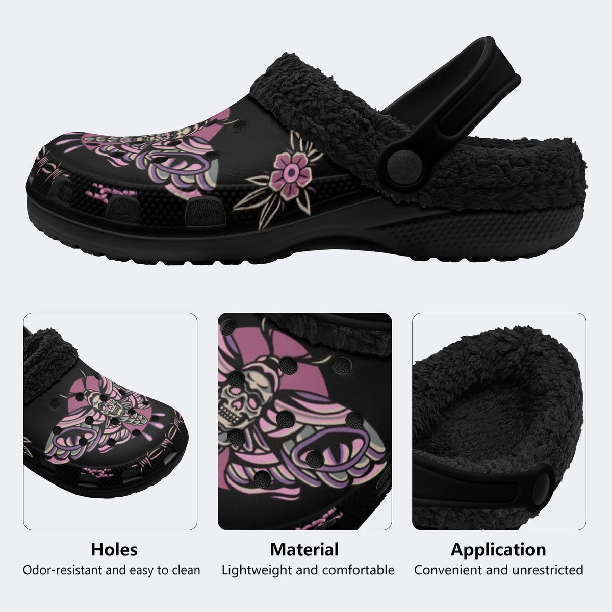 Purple Death Moth Print- Fur Lined Slippers/Sandals