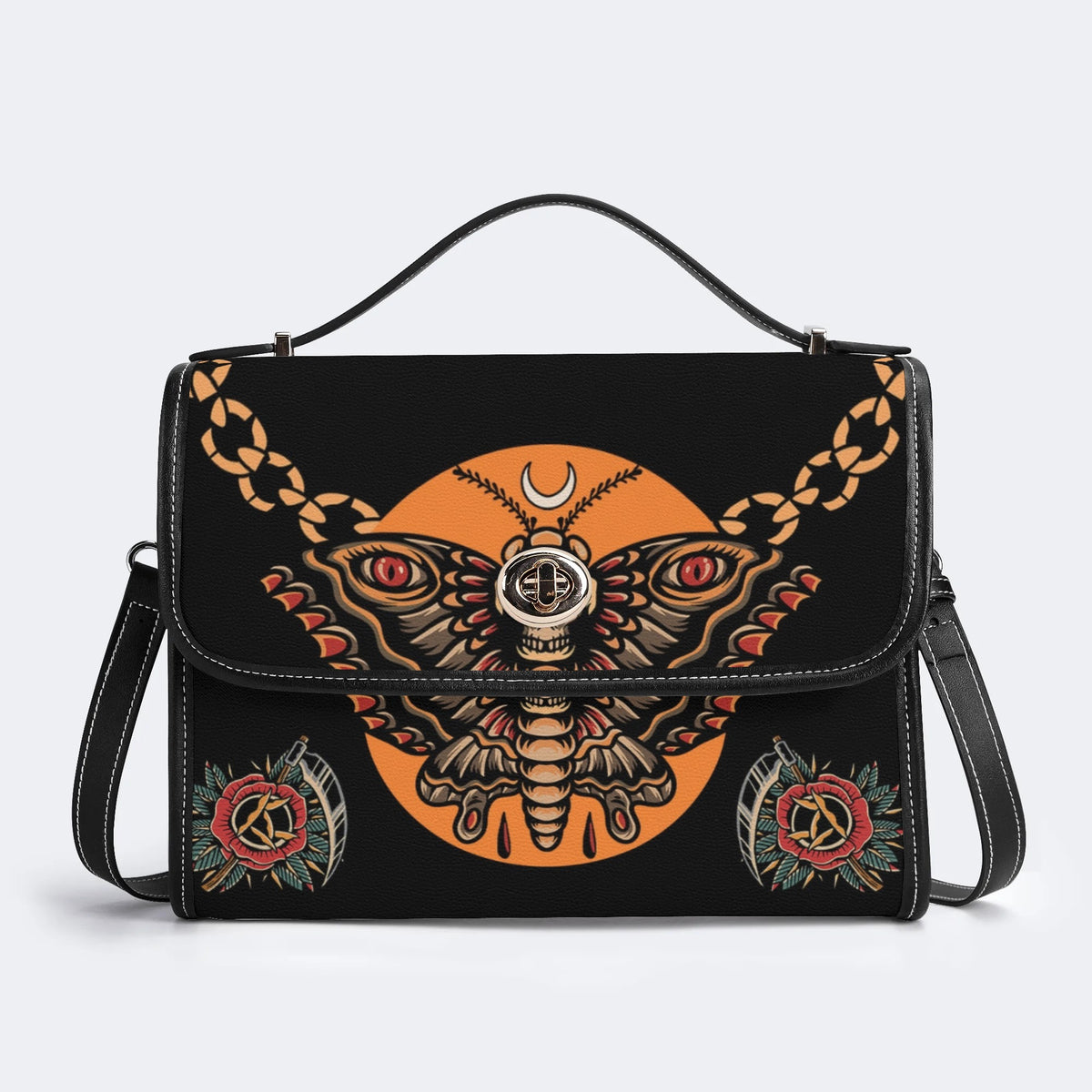 Retro Eclipse Death Moth Print - Leather Satchel Bag
