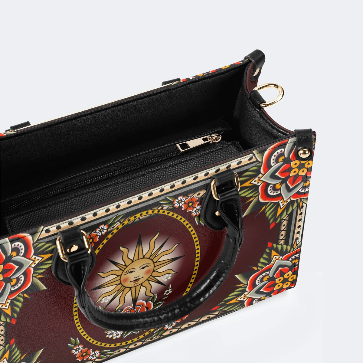 Vintage Smiling Sun Print - Leather Handbag
