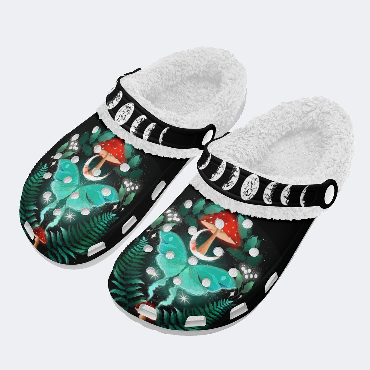 Night Sky Mushroom Butterfly Print - Removable Fur Lined Slippers/Sandals