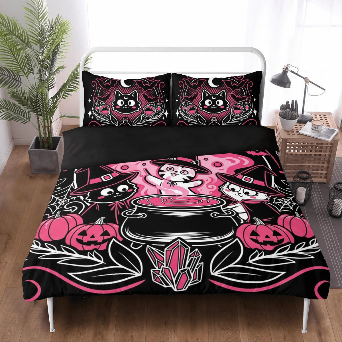 Pumpkin Witch Kitten Print - Three Piece Bedding Set