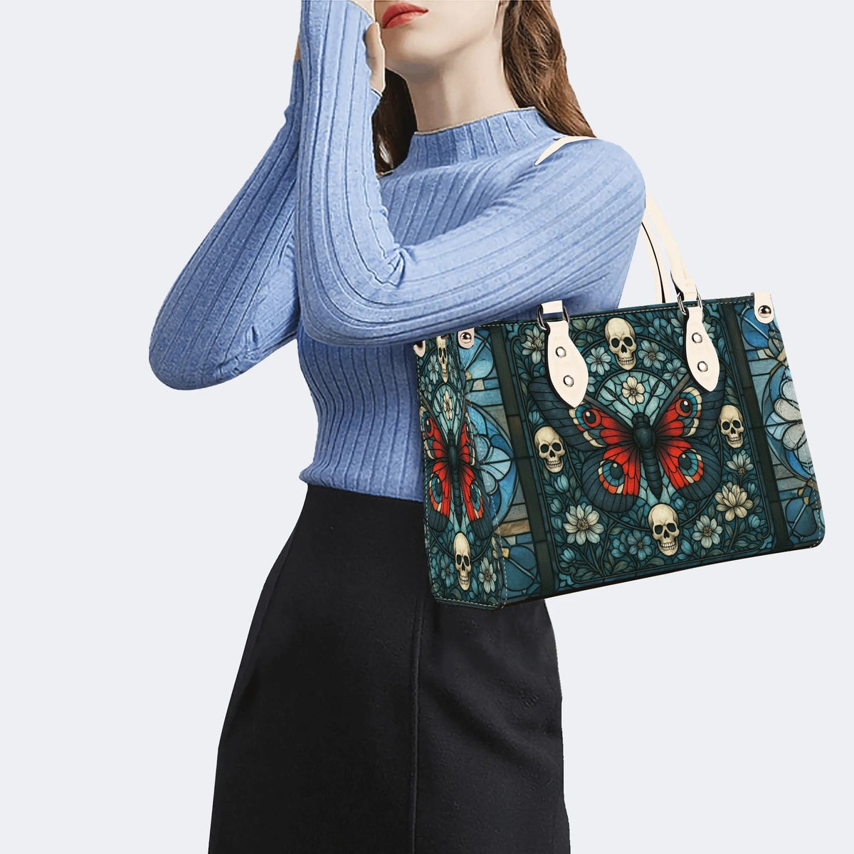 Vintage Moth And Skull Print - Leather Handbag