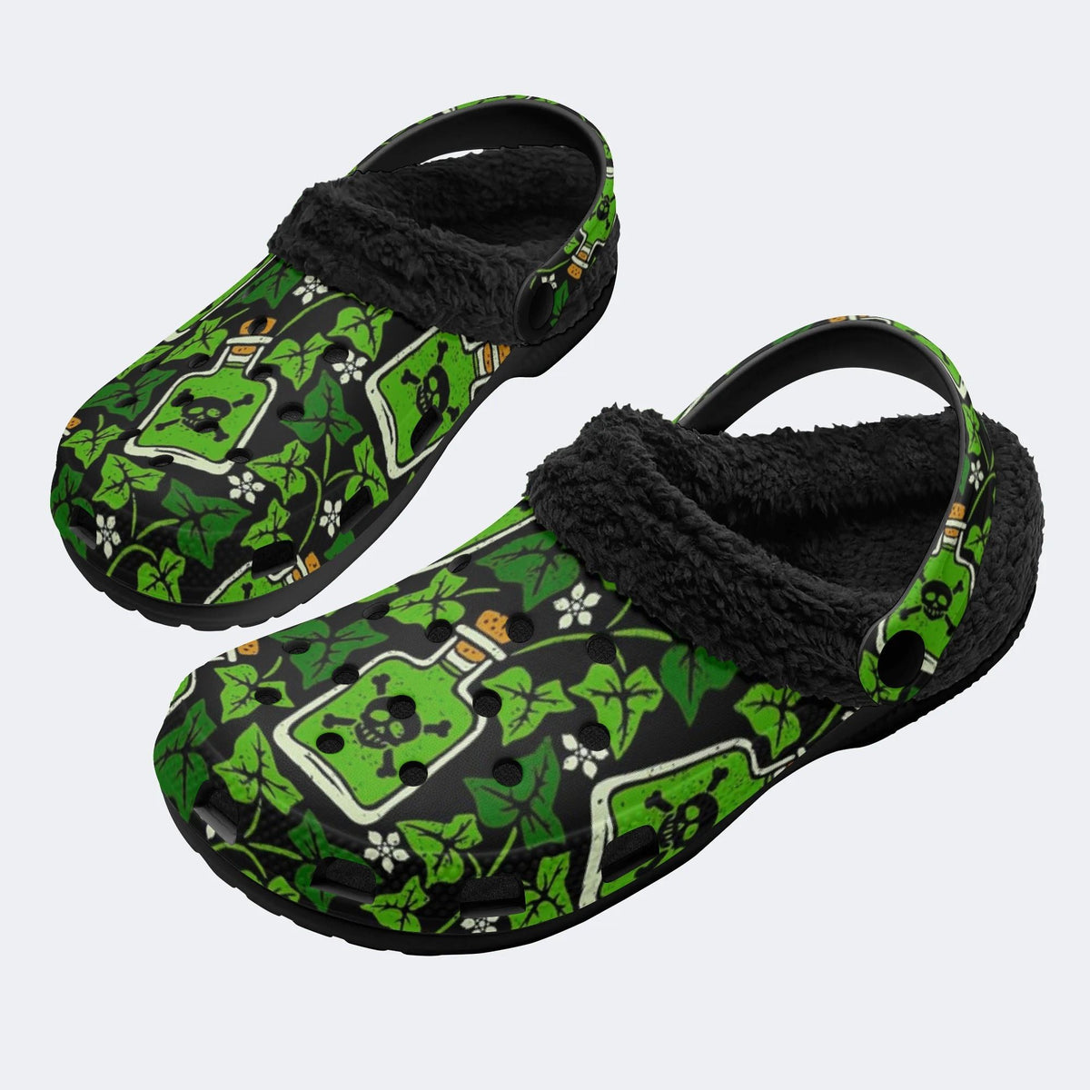 Spooky Poison Vial Skull‑Fur Lined Slippers Sandals