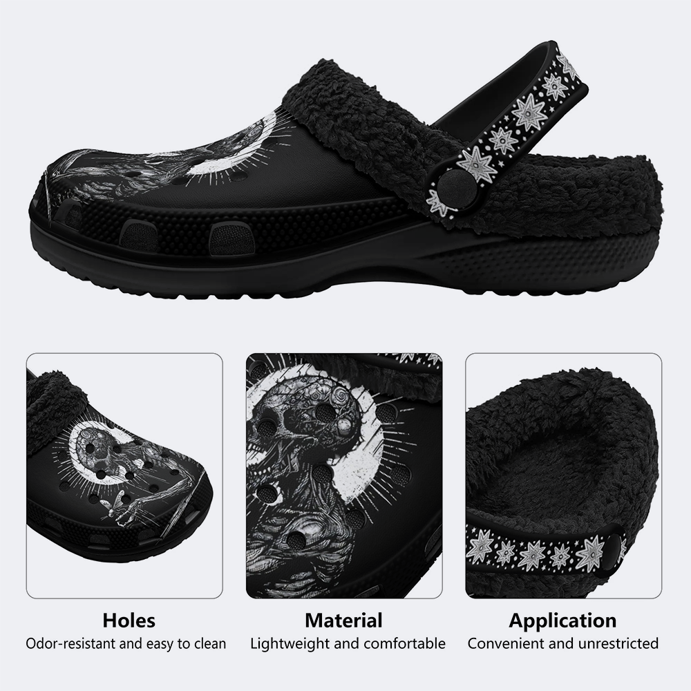 Skull Death Moth Print - Fur Lined Slippers/Sandals